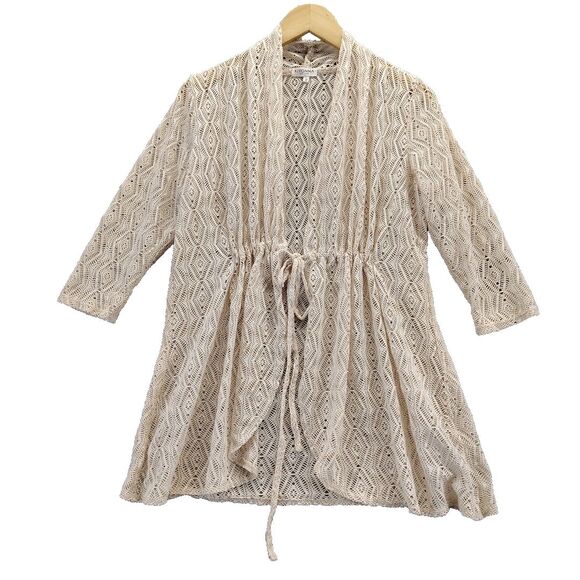 Kiyonna Cardigan Sz 0 Bohemian Crochet Cream Beige Open or Tie 3/4 Sleeves - Picture 1 of 12